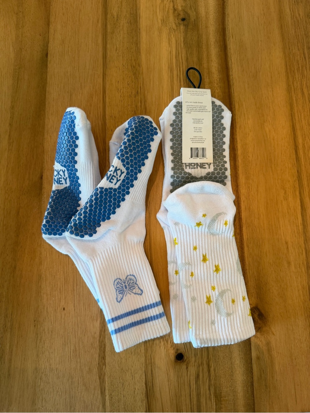 Pilates grip socks (two) White Crew Socks with Blue Butterfly & Star Moon Print - Picture 2 of 3